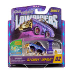 Toy car packaging featuring a '67 Chevy Impala model with purple and gold accents.