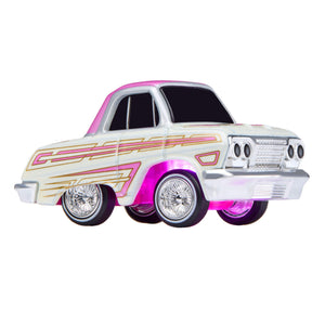 Toy car with pink and white design on a white background