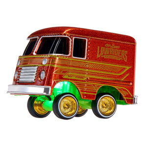 A toy model of a custom lowrider van with a glittery red body, gold graphics and lettering, and a bright green glow underneath, and wheels, isolated on a white background.