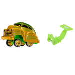 A metallic gold and green toy car shown on a plain white background, alongside a bright green plastic accessory piece.