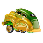 A metallic gold and green toy car with a glossy finish, featuring decals and gold-spoked wheels, shown on a plain white background.