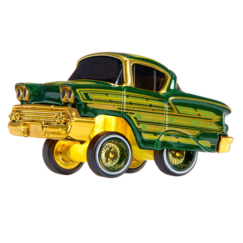 A toy modeled after a classic 1950s Chevrolet, featuring a glossy metallic green and gold paint job with chrome-like wheels, isolated on a white background.