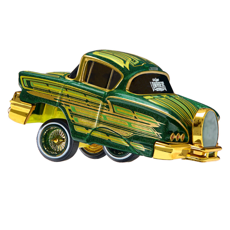 A custom-painted die-cast toy car styled like a classic 1950s Chevy Impala, featuring a metallic green and gold body with chrome wheels, shown on a plain white background.