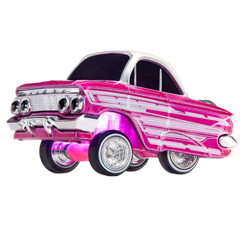 A pink car with white and pink striping, pink glow underneath, isolated on a white background.