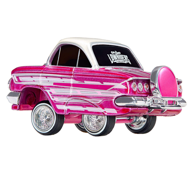 A pink and white custom die-cast toy car with chrome wheels, a pink spare tire cover, and a 'Lowriders' decal on the back window, shown against a plain white background.