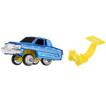 A toy car with a blue body, and a separate yellow hitch accessory, shown on a plain white background.