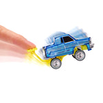 A small blue toy car with a yellow bar being pushed by a human finger against a white background.