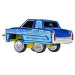 A die-cast metal toy car styled as a classic lowrider, featuring a metallic blue body with light blue graphic stripes, yellow undercarriage, and chrome wheels, shown on a plain white background.