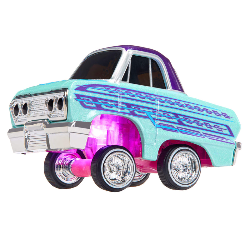 A chrome toy car with purple and pink striping, pink glow underneath, and a light blue body, isolated on a white background.