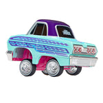A toy model of a custom lowrider car with a light blue body, purple roof, purple and blue stripes, and chrome wheels, shown on a plain white background.