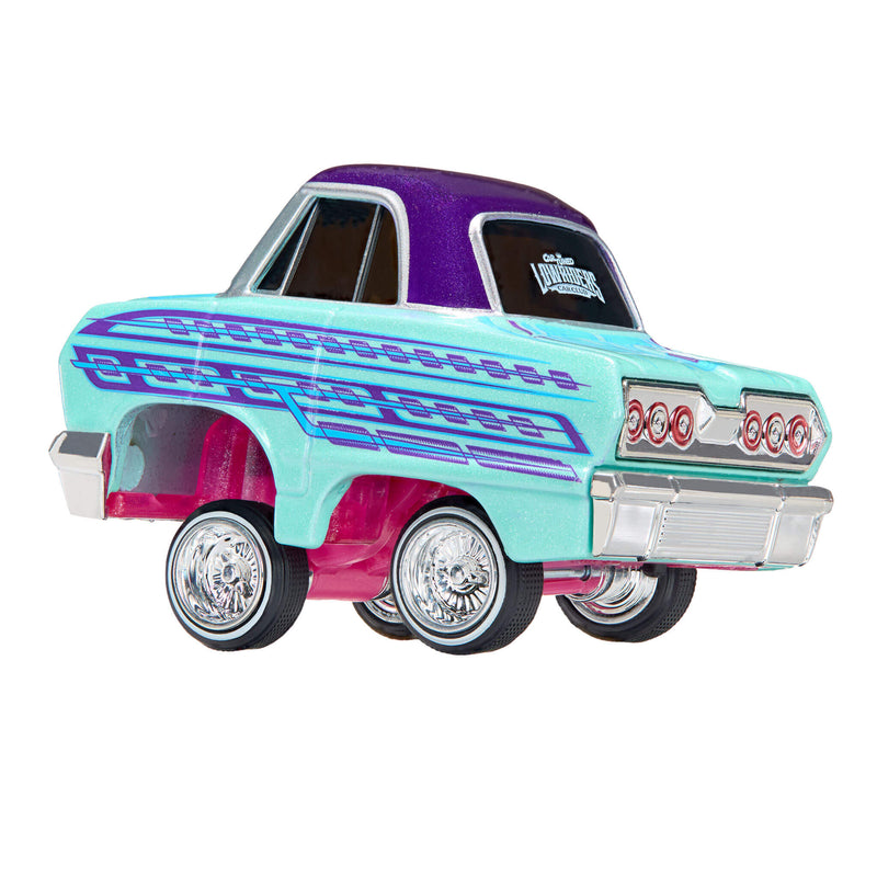A toy model of a custom lowrider car with a light blue body, purple roof, purple and blue stripes, and chrome wheels, shown on a plain white background.