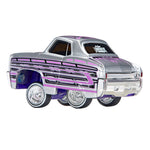 A toy custom lowrider car with a chrome/silver body, purple and pink stripes, and chrome wheels, shown on a plain white background.