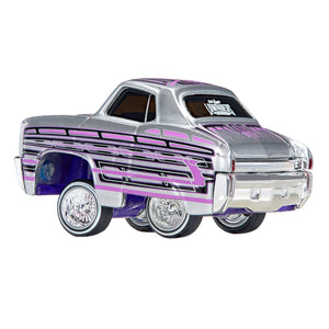 A toy custom lowrider car with a chrome/silver body, purple and pink stripes, and chrome wheels, shown on a plain white background.