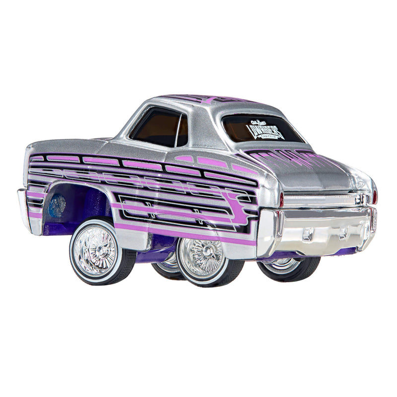 A toy custom lowrider car with a chrome/silver body, purple and pink stripes, and chrome wheels, shown on a plain white background.
