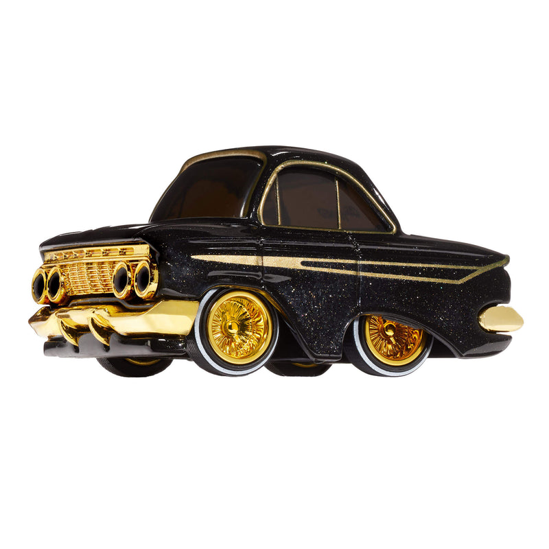 A toy car with a black body, gold trim, and gold wheel rims with white walls, shown on a plain white background.