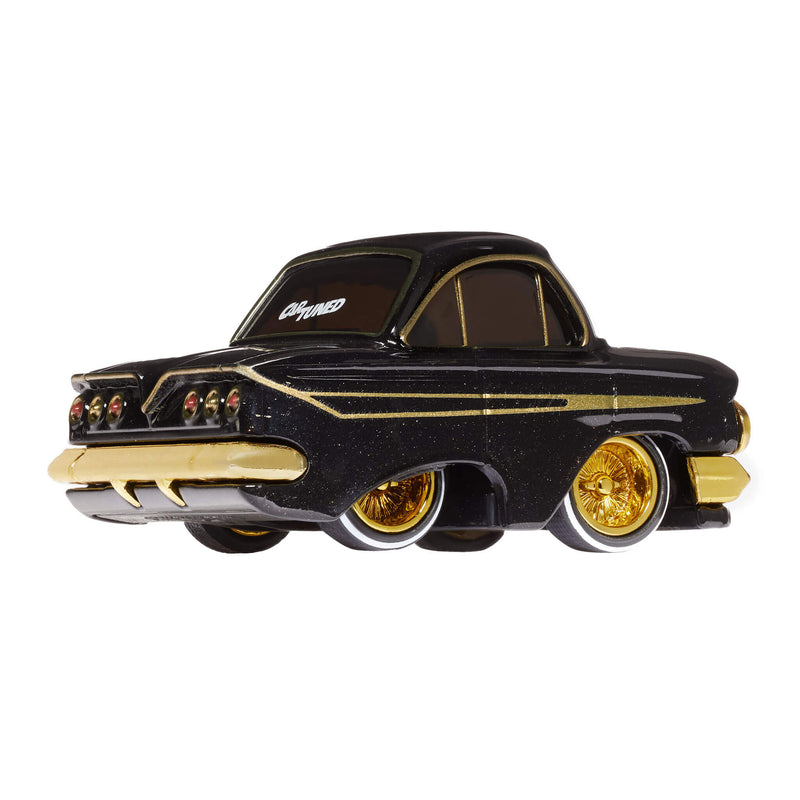 A die-cast metal model car of a classic 1961Chevrolet Impala, featuring a black body with gold accents, gold spoked wheels with white-wall tires, with ‘CarTuned’ on back window shown on a white background.