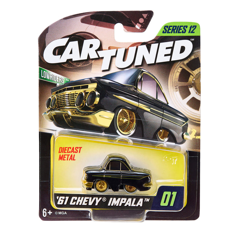 Toy car in packaging with 'Car Tuned' and 'Series 12' branding on a white background