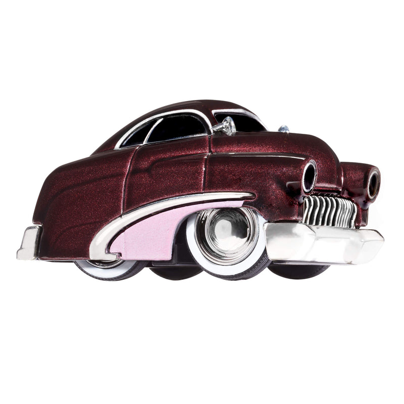 A toy metal car with a burgundy body, white trim and a pink fender with black, white wall tires, shown on a plain white background.
