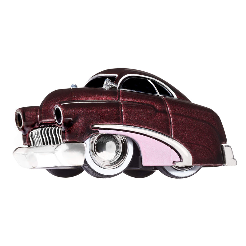 A toy metal car with a burgundy body, white trim and a pink fender with black, white wall tires, shown on a plain white background.