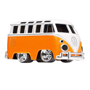 A toy metal VW Microbus with a orange and white body, with silver wheel rims, shown on a plain white background.