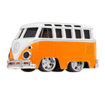 A miniature toy model of a classic Volkswagen Microbus in orange and white, featuring chrome wheels and a detailed front bumper, shown against a plain white background.
