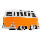 A die-cast metal van of a vintage VW Microbus, featuring an orange and white body, with silver wheel rims, shown on a plain white background.