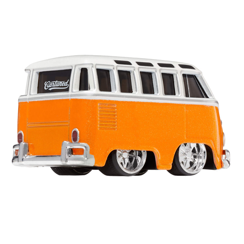 A die-cast metal van of a vintage VW Microbus, featuring an orange and white body, with silver wheel rims, shown on a plain white background.