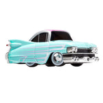A custom car with a mint green body, chrome details, and a pink and white roof, shown from a side profile on a solid white background.