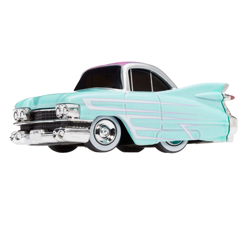 A custom car with a mint green body, chrome details, and a pink and white roof, shown from a side profile on a solid white background.