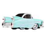 A vintage Cadillac El Dorado, featuring a mint green body, chrome details, and a pink and white roof, shown on a plain white background.
