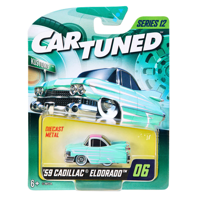A packaged Car-Tuned diecast toy car, Series 12 #06 '59 Cadillac Eldorado. The toy car is mint green with white pinstripes and a pink roof, displayed in its original blister pack with a green and teal backing card.
