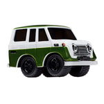 A toy diecast Toyota Land Cruiser with a green and white body, with black wheel rims, shown on a plain white background.