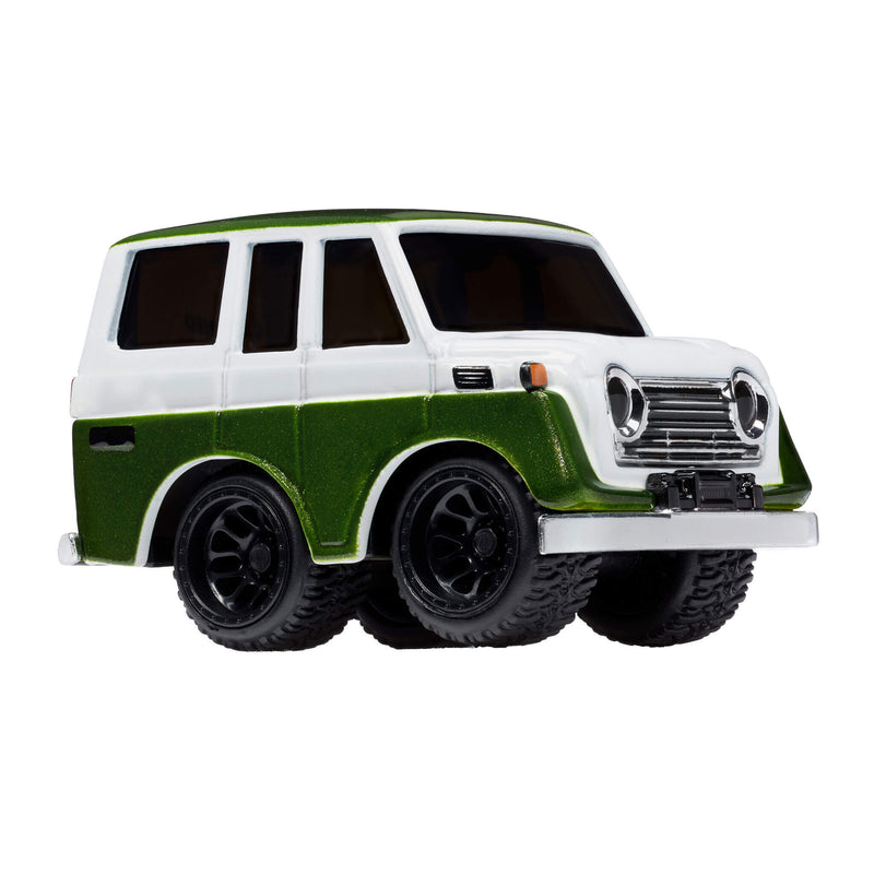 A toy diecast Toyota Land Cruiser with a green and white body, with black wheel rims, shown on a plain white background.