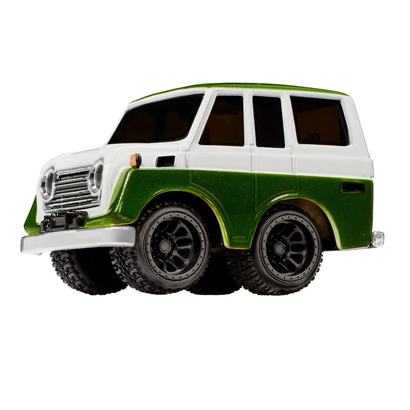 A toy diecast Toyota Land Cruiser with a green and white body, with black wheel rims, shown on a plain white background.