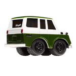 A vintage Toyota Land Cruiser, featuring a green and white body, with 'Car Tuned' decal on back window, shown on a plain white background.