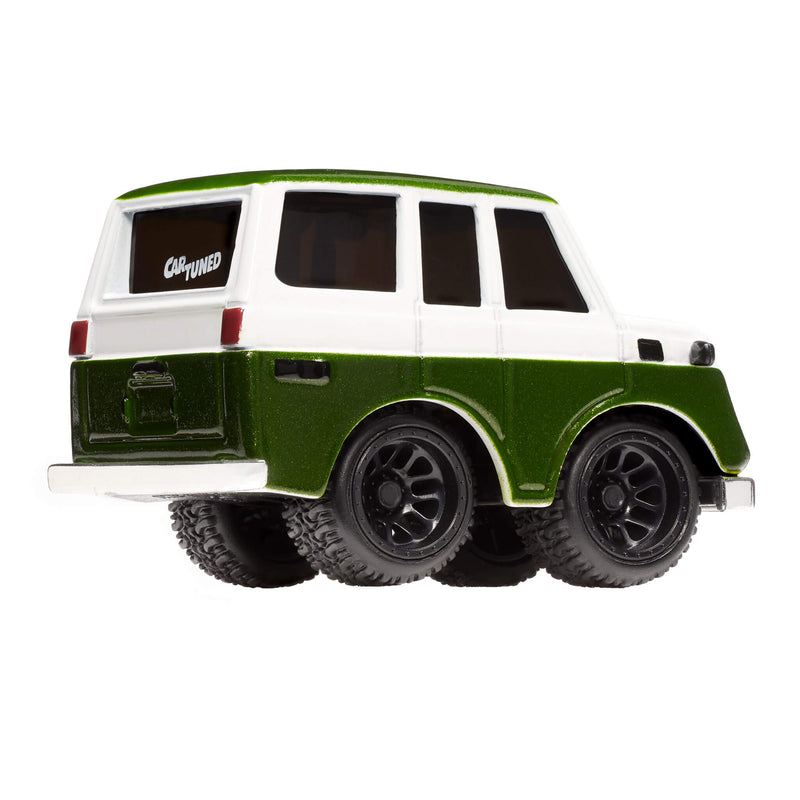 A vintage Toyota Land Cruiser, featuring a green and white body, with 'Car Tuned' decal on back window, shown on a plain white background.