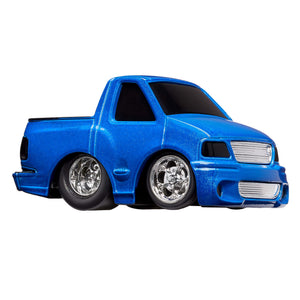 A toy diecast Ford F150 Blue Truck, with chrome wheel rims, shown on a plain white background.