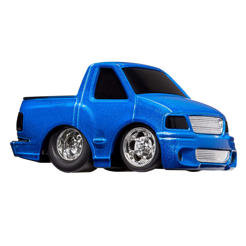 A toy diecast Ford F150 Blue Truck, with chrome wheel rims, shown on a plain white background.