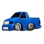 A toy diecast Ford F150 Blue Truck, with chrome wheel rims, shown on a plain white background.