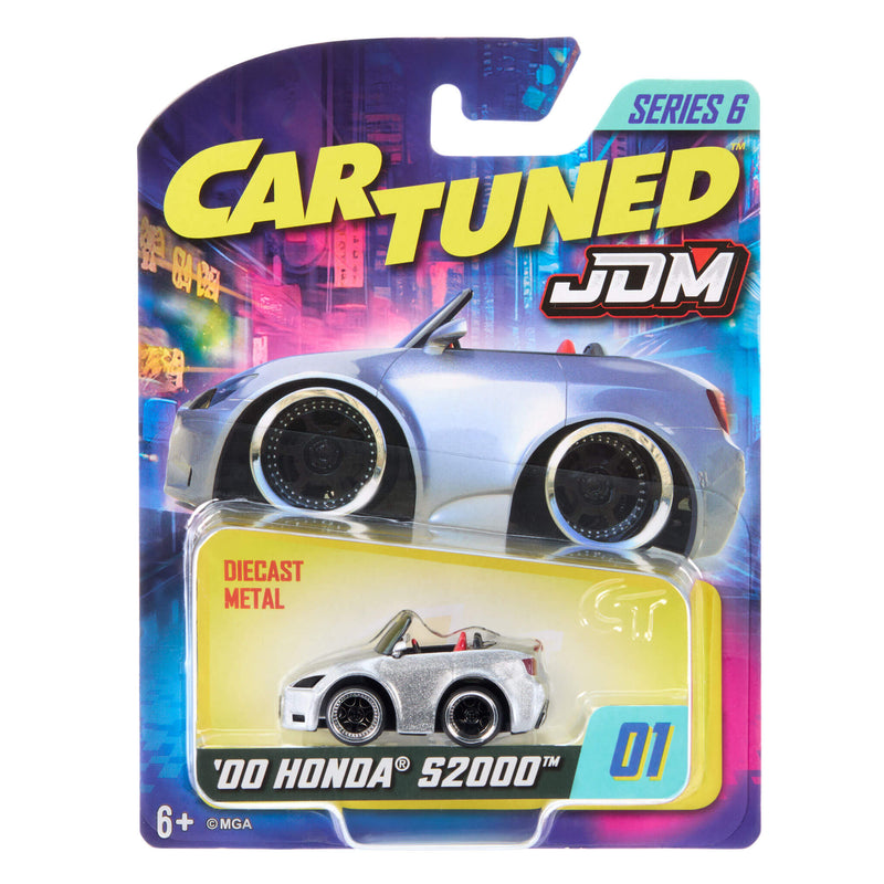 A packaged Car Tuned JDM Series 6 diecast toy car, specifically the '00 Honda S2000. The product is shown in its original blister pack with a colorful, retro-style card backing featuring neon city lights and the Car Tuned logo.