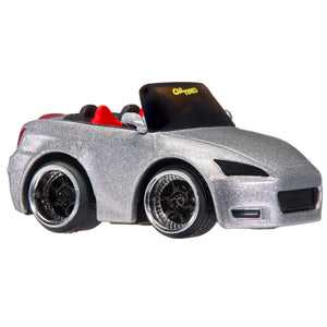 Silver Honda Convertible with silver rims, red seats, and yellow text ‘CarTuned’ on windshield on a white background