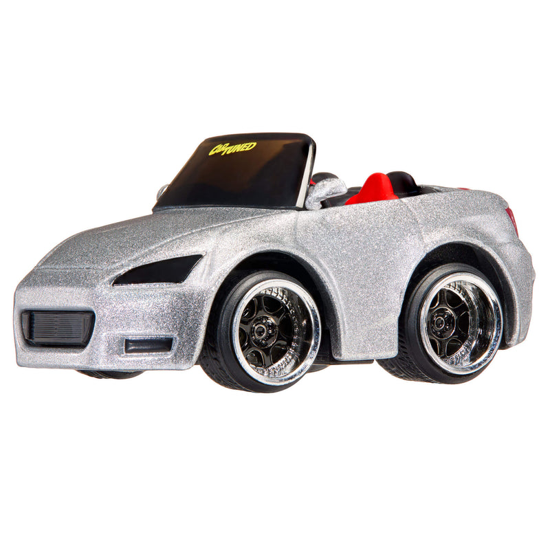 Silver Honda Convertible with silver rims, red seats, and yellow text ‘CarTuned’ on windshield on a white background