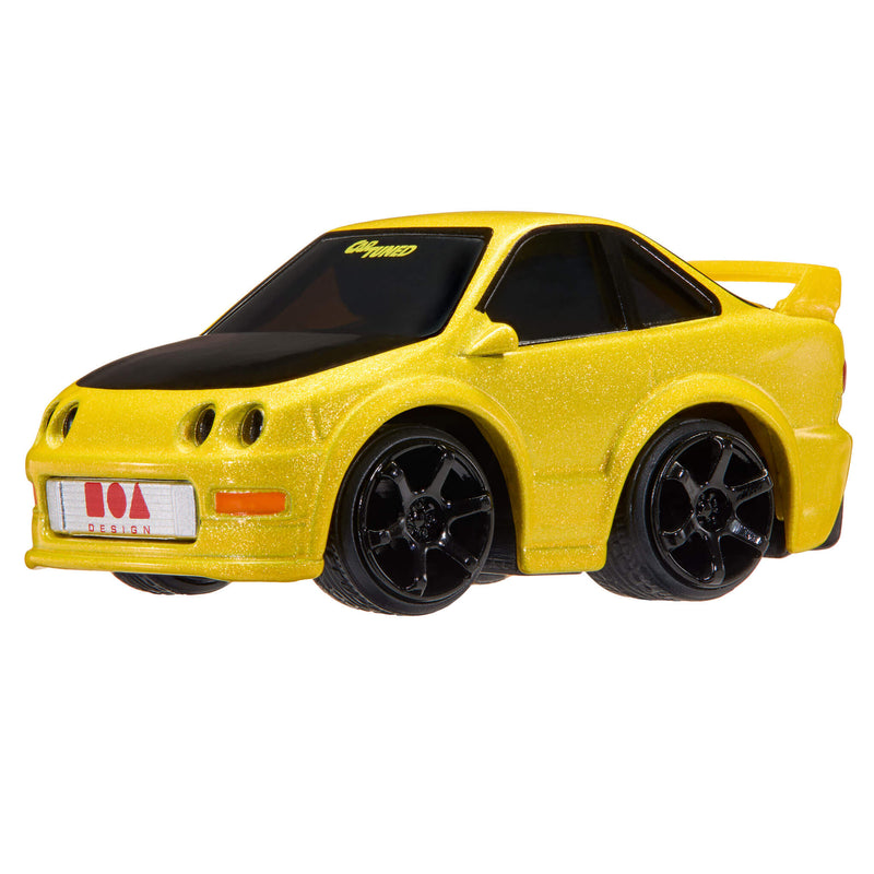 Yellow Acura Integra with black windows, black rims, and the license plate has a red square, a circle and triangle with text 'Design'.  Text ‘CarTuned’ on windshield on a white background