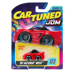 A packaged diecast toy car from the Cartuned JDM Series 6 collection, featuring a red '91 Acura NSX. The toy car is displayed in its clear plastic blister pack on a colorful backing card with a neon cityscape graphic.