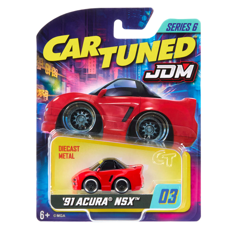 A packaged diecast toy car from the Cartuned JDM Series 6 collection, featuring a red '91 Acura NSX. The toy car is displayed in its clear plastic blister pack on a colorful backing card with a neon cityscape graphic.