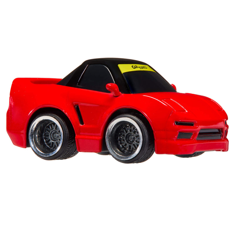 Red metal Acura with black windows, dark silver rims, black roof. Yellow strip on windshield with text ‘CarTuned’ on a white background