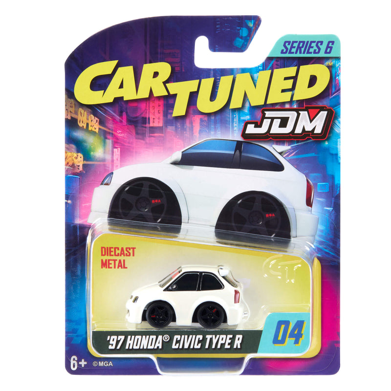 MGA Cartuned JDM Series 6 diecast toy car of a '97 Honda Civic Type R, packaged in its original blister card with a colorful neon city graphic background.
