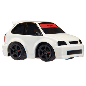 White metal Honda Civic with black windows, black rims and red strip on windshield with text ‘CarTuned’ on a white background