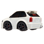 Back of Honda with a red square, circle and triangle decal with text 'Design' in the middle of the back window on a white background