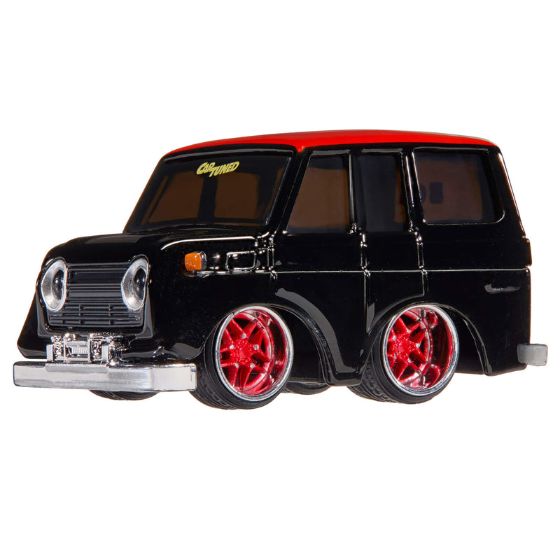 Black Land Cruiser with red roof and rims, ‘CarTuned’ decal on windshield on a white background